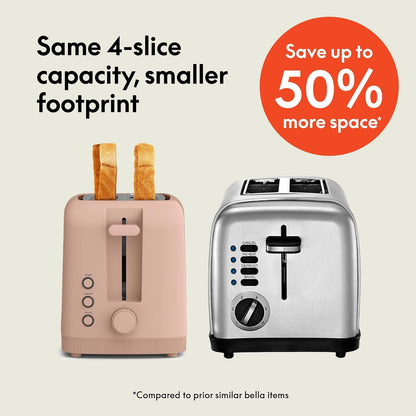 bella 2 Slice Slim Toaster, Fits-anywhere™ Kitchenware, 6 Setting Shade Control with Reheat & Cancel Buttons, Fits sourdough, 10” Long Slot, Anti Jam & Auto Shutoff, 900 Watt, Blossom