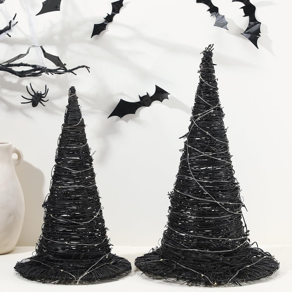 Leinuosen 2 Pcs Halloween Rattan Witch Hat Decor with String Lights Wicker Wizard Hats Woven Witch Hat for Indoor Outdoor Halloween Party Supplies Home Bedroom Garden Patio Backyard Decoration