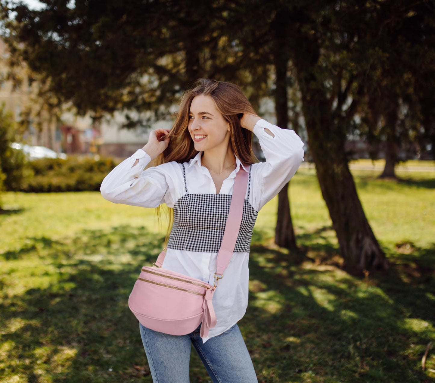 Pure Colour Crossbody Bum Bags for Women Spacious Checkered Cross body Bag Nylon Trendy Fanny Pack for Travel