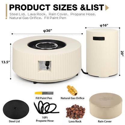 31.5 Inch Round Propane Fire Pit Table - Concrete Round Fire Bowl 50,000 BTU Natural Gas Firepit Burner with Steel Lid, Lava Rocks, Waterproof Cover for Outside Patio, Backyard, Party
