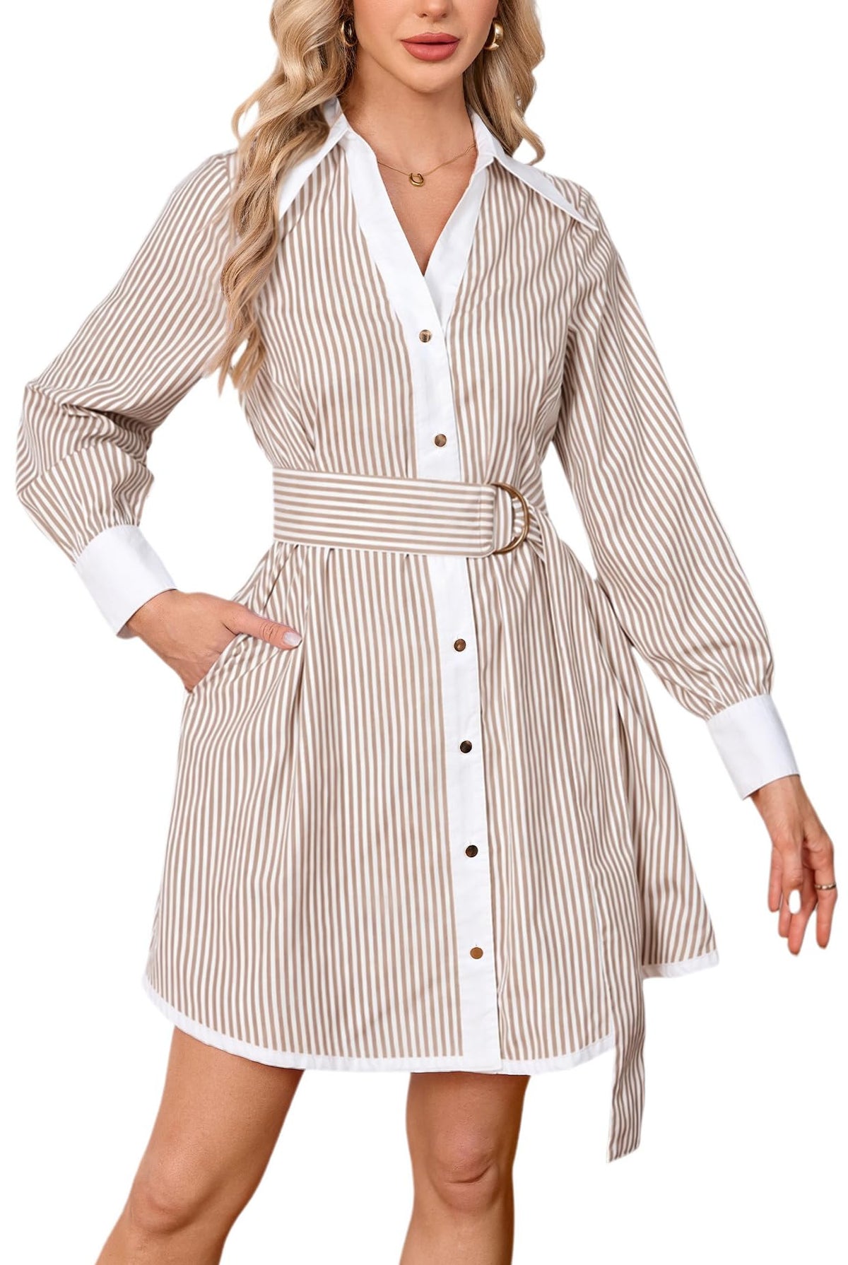 Womens Striped Long Sleeve Button Down Mini Shirt Dress V Neck Belted Dress