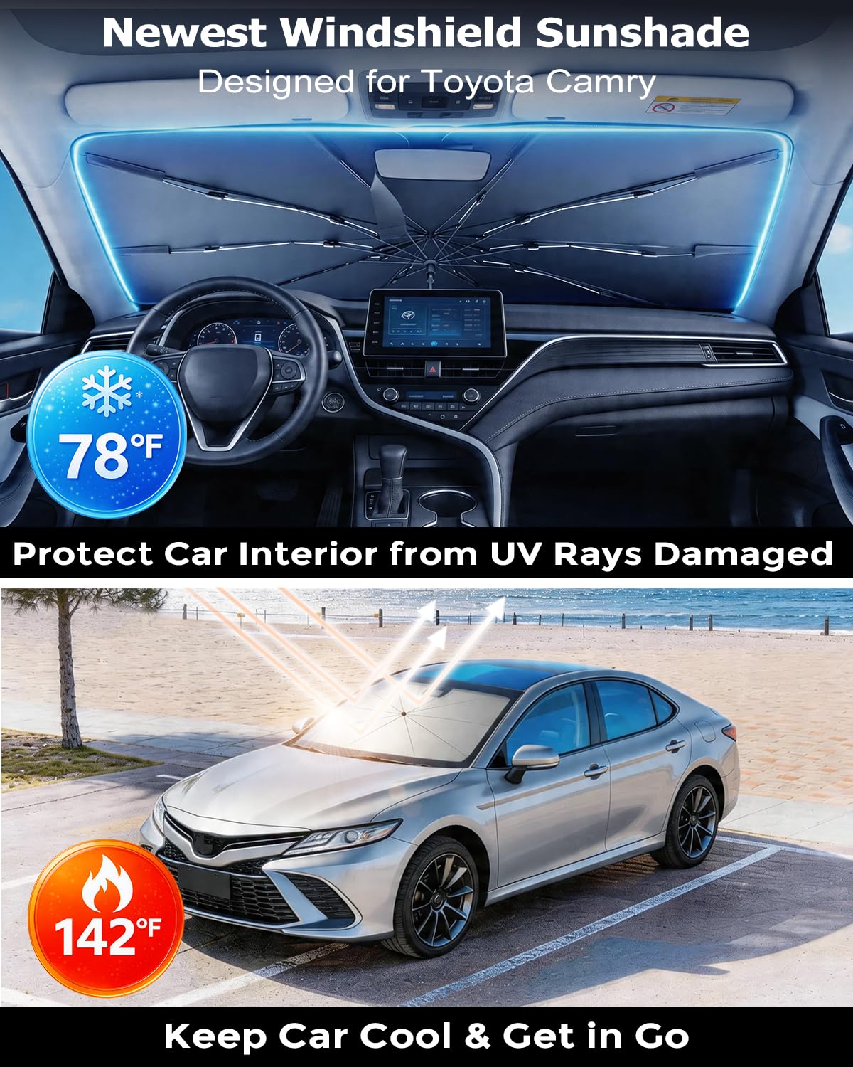 DMJN Umbrella Windshield Sun Shade - Medium, Car Sunshade for Front Windshield [Nano Ice-Crystal Coatings] UPF50+ Heat & UV Block, Protect Interior & Keep Cooler Universal for Car, SUV, Truck