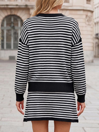 Tankaneo Women 2 Piece Striped Sweater Skirt Set