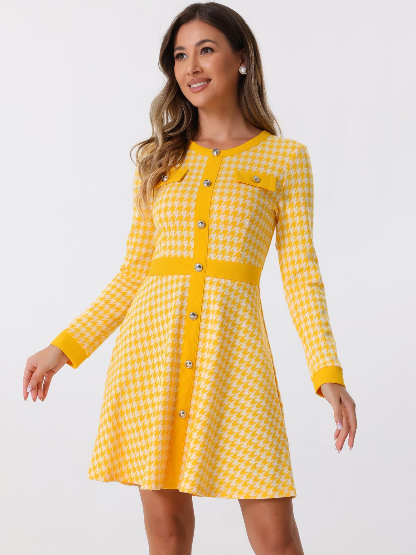 Allegra K Women's Houndstooth Plaid A-Line Elegant Business Work Dress