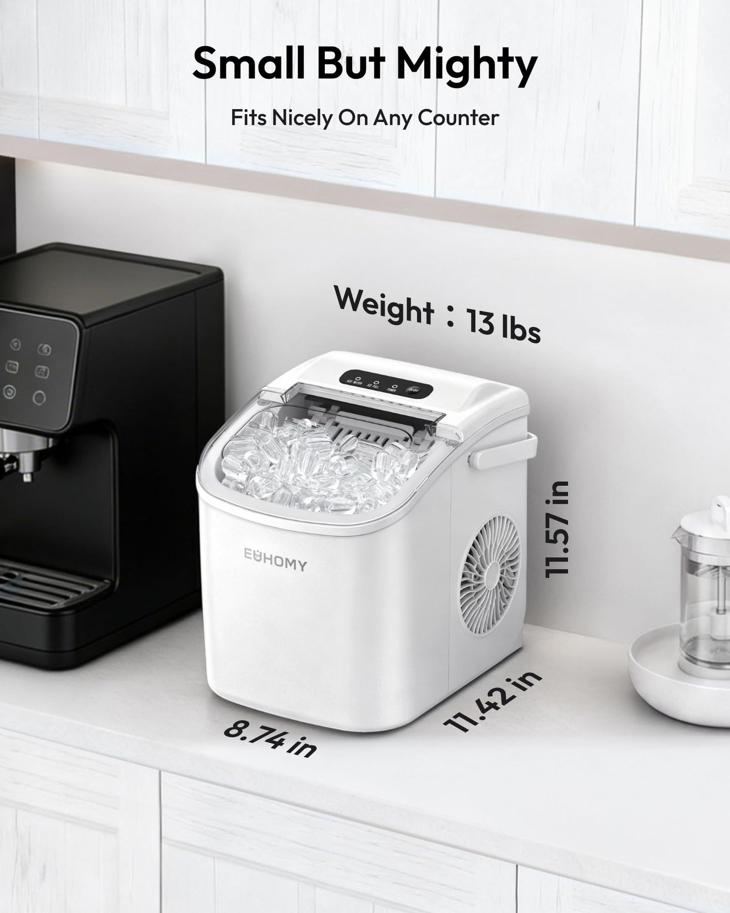 EUHOMY Countertop Ice Maker Machine with Handle, 26lbs in 24Hrs, 9 Ice Cubes Ready in 6 Mins, Auto-Cleaning Portable Ice Maker with Basket and Scoop, for Home/Kitchen/Camping/RV. (Black)