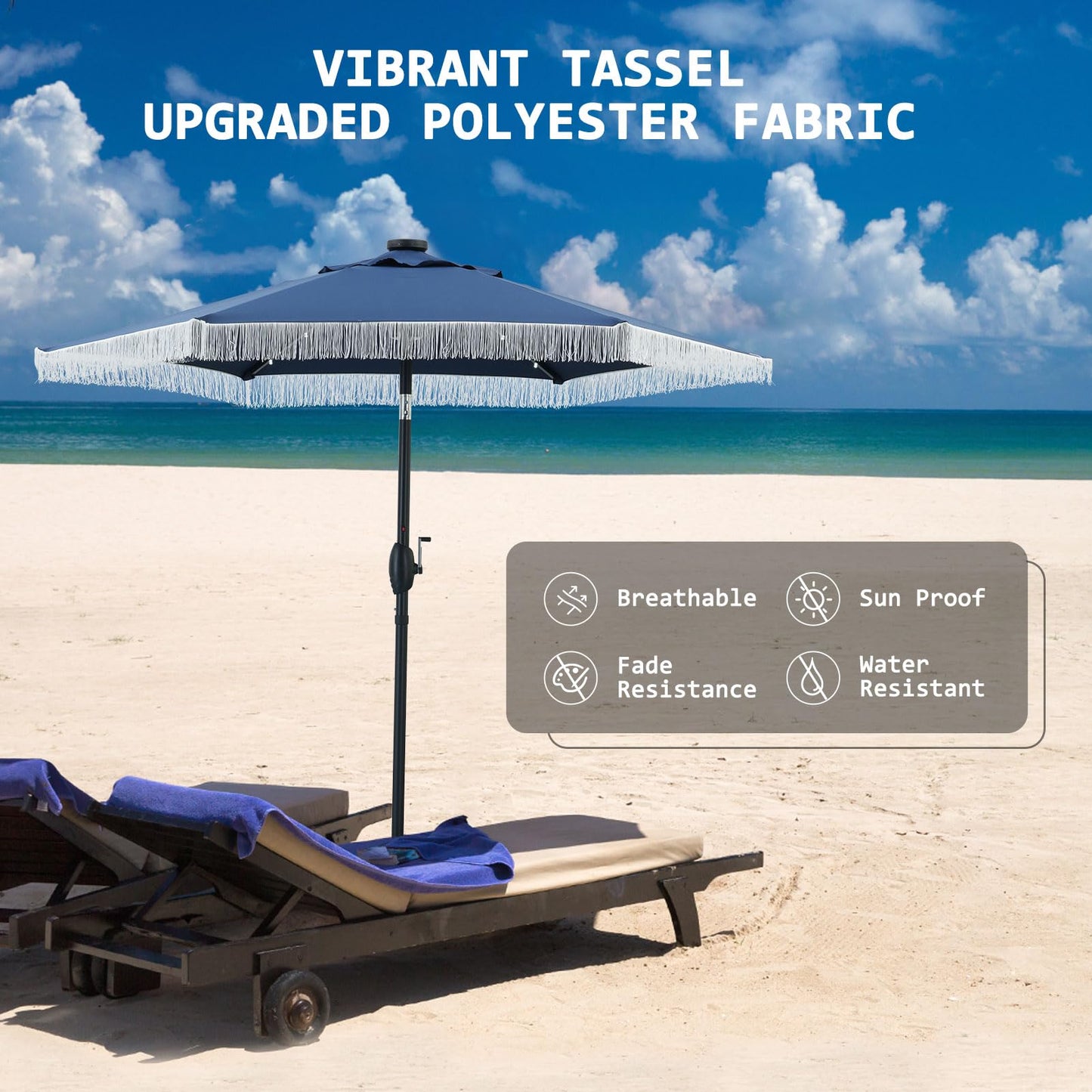 GDY 7.5ft Tassel Patio Umbrella and Matching Base, Outdoor Table Umbrella with 18 LED Lights,Market Umbrella with 6 Sturdy Ribs, with Push Button Tilt and Crank, Bright White