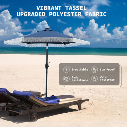 GDY 7.5ft Tassel Patio Umbrella and Matching Base, Outdoor Table Umbrella with 18 LED Lights,Market Umbrella with 6 Sturdy Ribs, with Push Button Tilt and Crank, Bright White