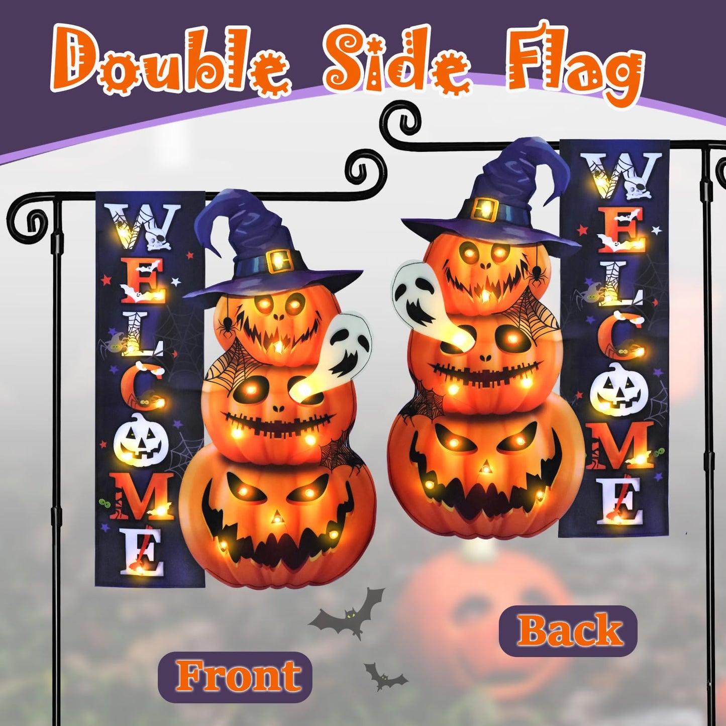 Halloween Lighted Garden Flag for Outside, Led Solar Yard Flag 8 Modes Witch Feet Shape Flag, 28x40 Double Sided Cauldron Eyeball Black Cat Decorations for Home Porch