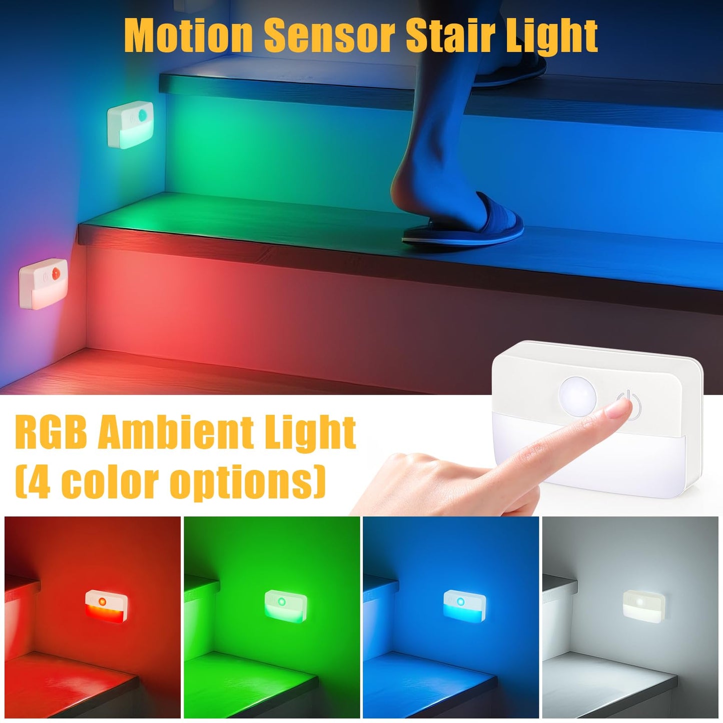 Guankai 8 Pack Motion Sensor Stair Light for Indoor, Battery Operated Closet Lights, Wireless Stick on Anywhere Hallway Lamp, Portable Led Night Lamps for Bedroom Under Cabinet Kitchen