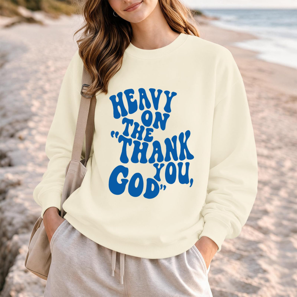 BeWithYou Heavy On The Thank You God Graphic Crewneck Inspirational Pullover