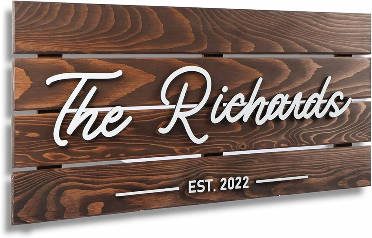 Wooden Name Sign Personalized and Custom, Solid Rustic Wood, Wedding Gifts for Couples, Home, Office, Family Last Name Established Signs, Est. Date Sign 28x13" (Large)