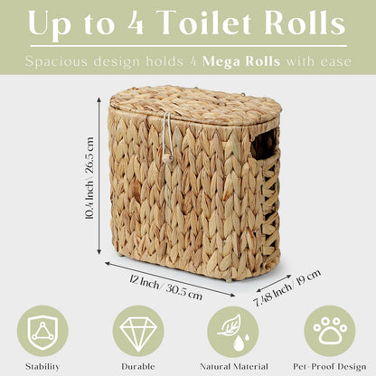 YANGQIHOME Toilet Paper Storage, Water Hyacinth Toilet Paper Storage with Lid, Papers Container for up to 9 Mega Rolls, Bathroom Basket Organizer