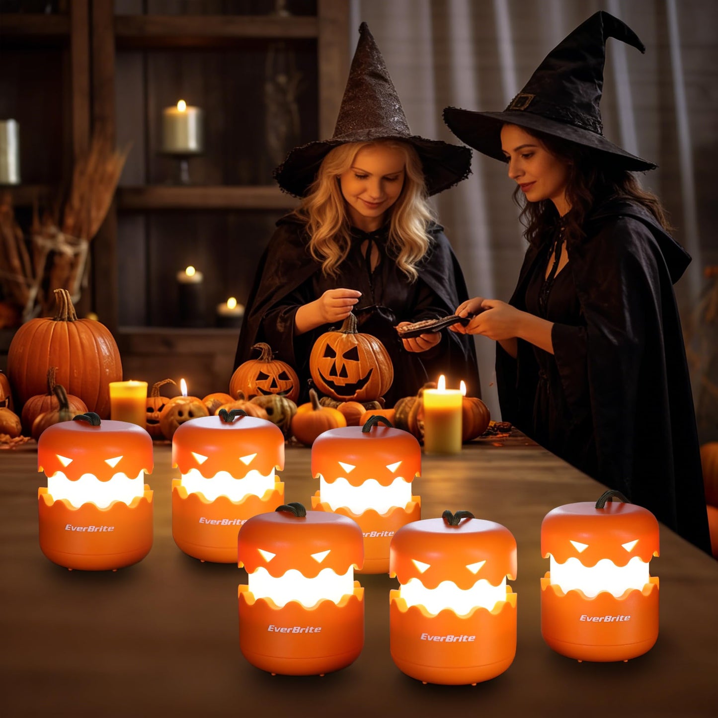 EverBrite 6-Pack Halloween Pumpkin Lantern, Collapsible Jack O Lantern Pumpkins with Lanyard, Halloween Party Favors, Light up Pumpkin Outdoor for Halloween Party Decoration, Battery Included