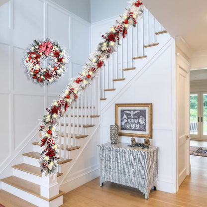 WANNA-CUL Pre-lit 9Feet /108 Inch Christmas Garland with Lights for Front Door, Red Gold Ligthed Christmas Mantel Garland Decoration with Ball Ornaments, Battery Operated 50 LED