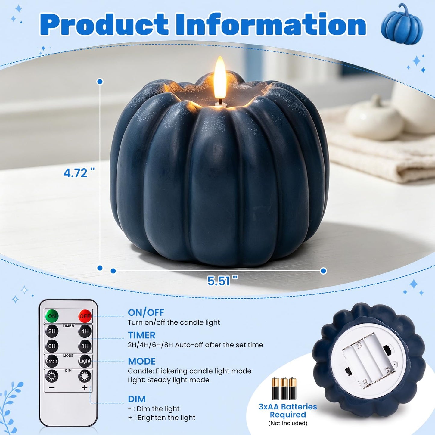Fall Decor, Fall Decorations for Home - Flameless Pumpkin Candle with Timer Remote - Room Bedroom Table Farmhouse Decor for Halloween, Thanksgiving, Orange+White