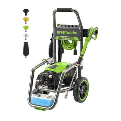 Greenworks 3000 PSI (2.0 GPM Max) Brushless Electric Pressure Washer (15°, 25°, 40°, Turbo and Soap Nozzle) for Use On Decks, Fences, Driveways, Sidewalks, Siding & More. Heavy-Duty