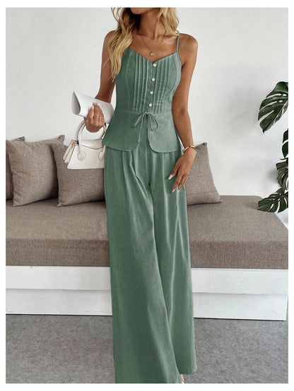 SOLY HUX Women's 2 Piece Outfit Button Down Peplum Cami Wide Leg Pants Set