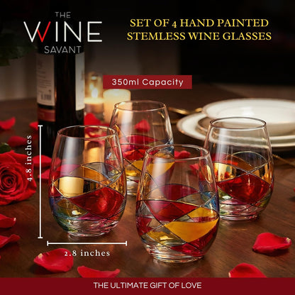 Artisanal Hand Painted Stemless Wine Glasses - Everyday Celebrations, Gift Idea for Wife, Mom, Valentine, Holiday Renaissance Romantic Stain-glassed Windows, 2 Set - Gift Idea Birthday, Housewarming