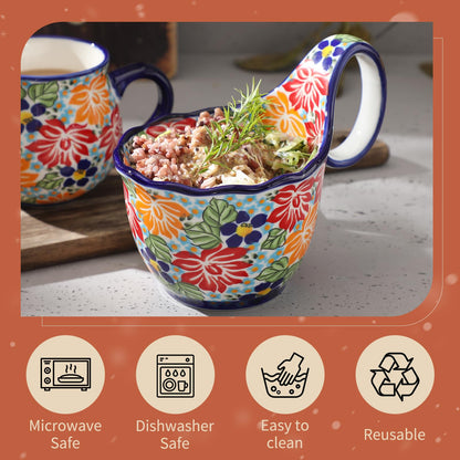 ALMA Handpainted Microwavable Soup Bowl with Loop Handle 18.6oz, Cereal Bowl With Handle Great for Berry, Fruits, Chili, Stew, Ice cream,Floral Soup Mug for Women