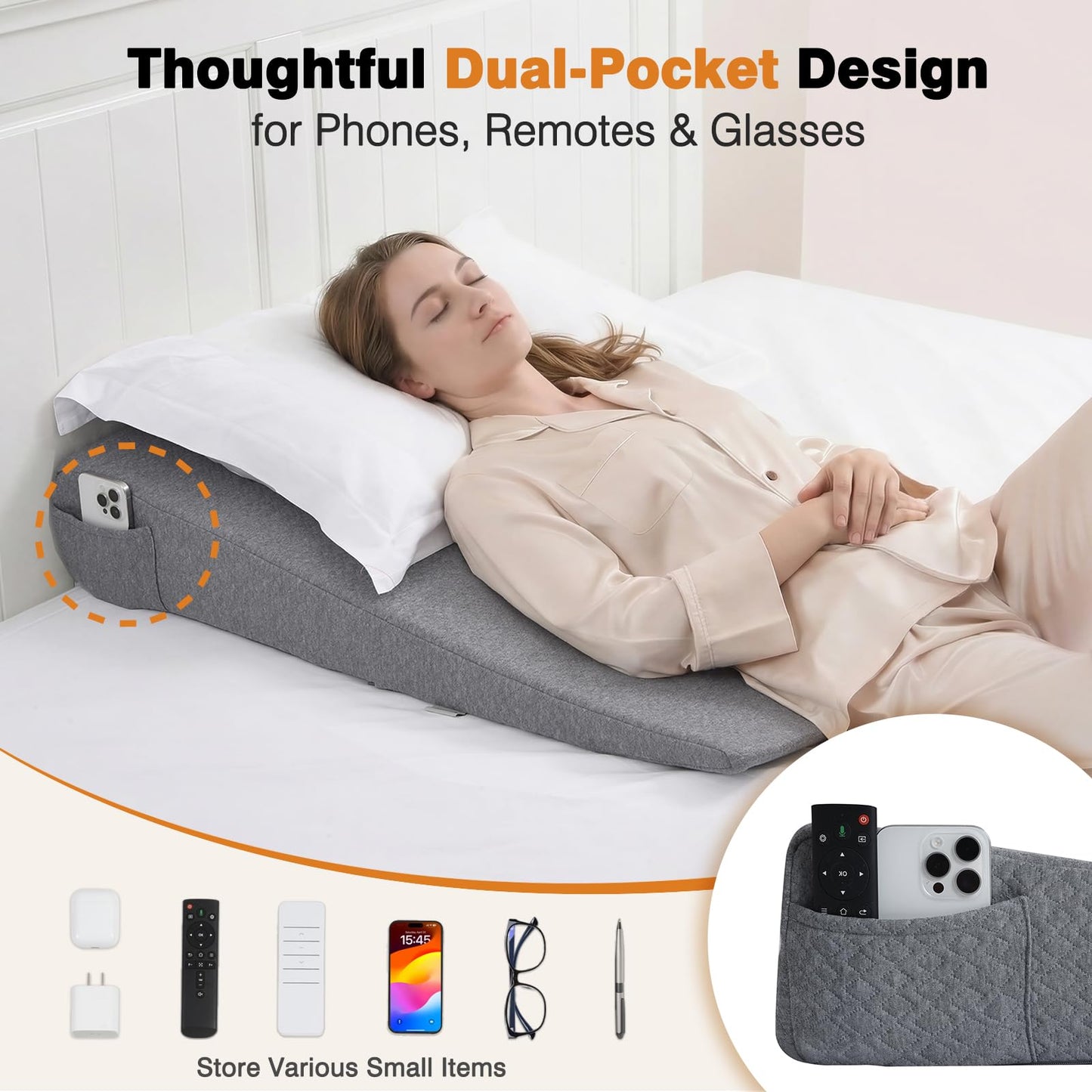 Vekkia King Bed Wedge Pillow for Headboard Gap, 0–6" Gap Filler with Side Pockets & Washable Cover, Gray 76"x10"x6"