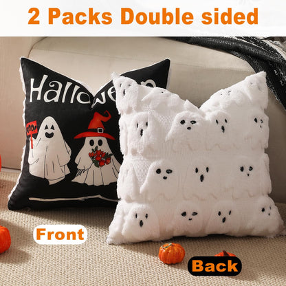 TOYPOPOR Halloween Decorations, 2 Packs Double Sided Ghost Pillow Covers, Soft Fur Throw Pillow Cases Indoor outdoor Pumpkin Couch Cushion Case for Fall Autumn Bedroom Living Room Home Decor 18''x18''