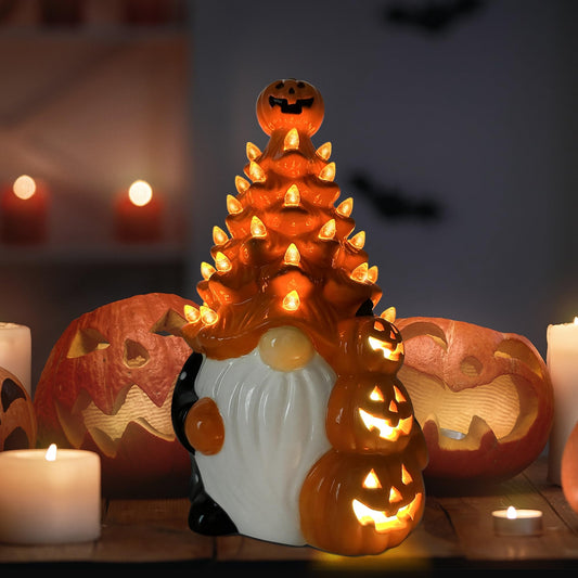 Halloween Decorations, Halloween Gnomes Ceramic Tree Decor, Orange Gnome Pumpkin Decor, Ceramic Tree Decorations for Home Tables Indoor