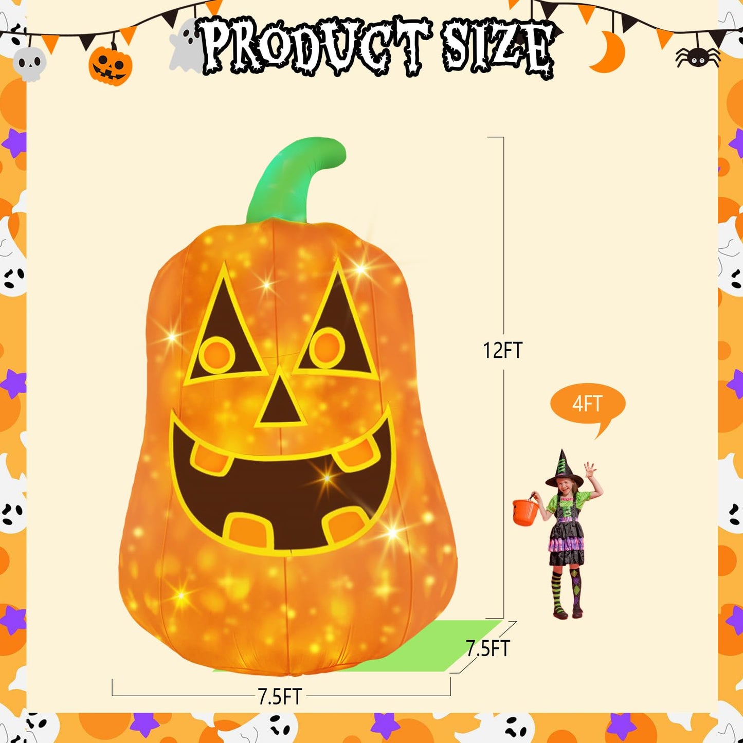 12FT Giant Halloween Inflatable Pumpkin, Blow up Halloween Decoration Built-in 6 LED and Flashing Light for Halloween Decoration Outdoor Indoor Home Party Supplies Halloween Lawn Decor