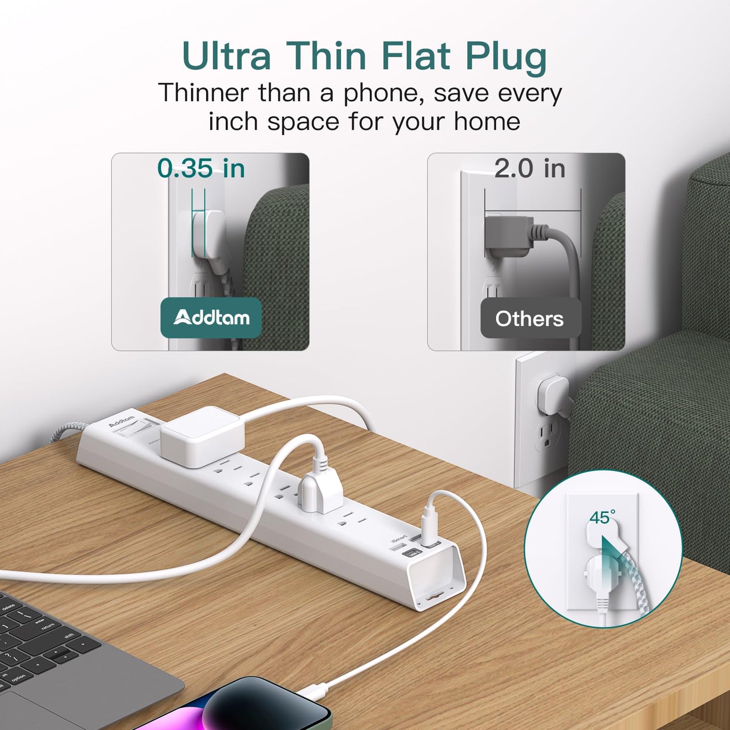 Addtam Power Strip Surge Protector - 15ft Long Extension Cord