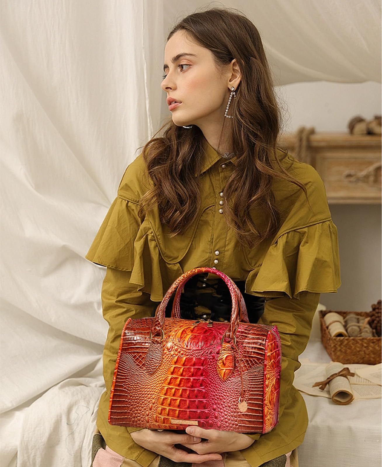 Makcr Joacbv Crocodile Handbag for Women Top Handle Leather Shoulder Purse | Glossy crocodile-embossed vegan leather with rolled handles, buckle details, a structured dome shape, and adjustable strap.