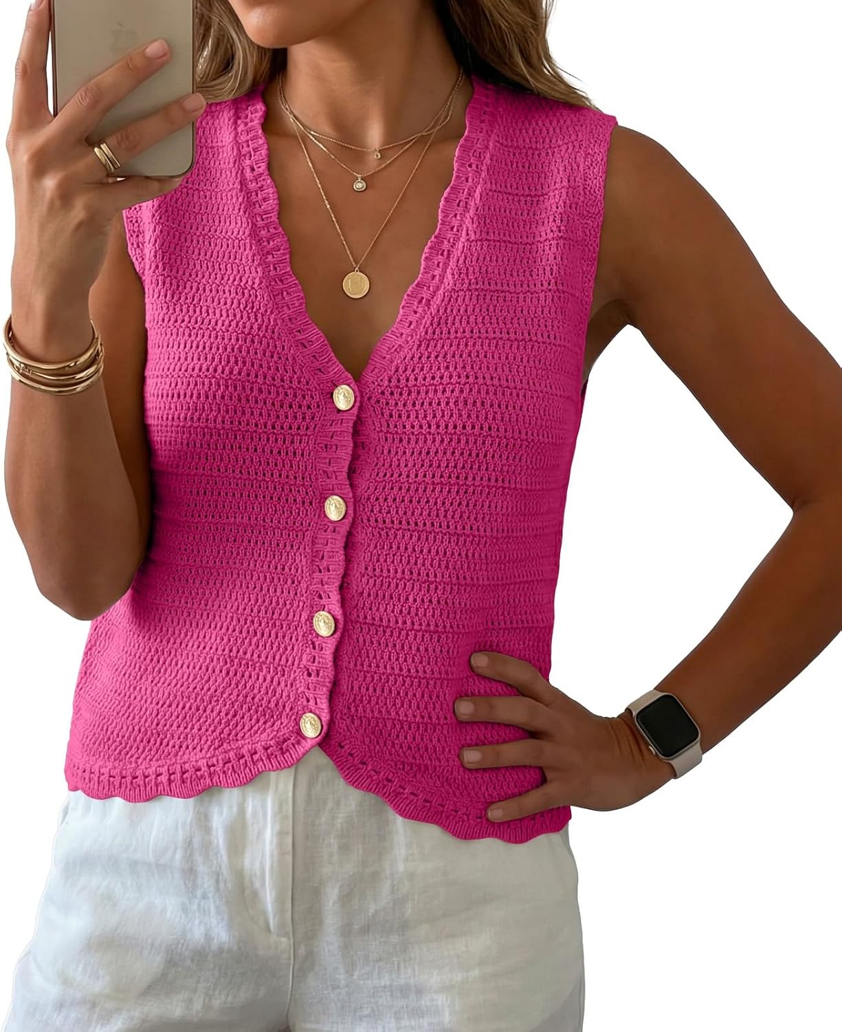GRECERELLE Women's Summer Sleeveless V Neck Sweater Vest Knit Tank Top | Button Front Closure, Crochet Knit Design, Casual Style, Cropped Fit, Versatile Layering, for Office, Travel