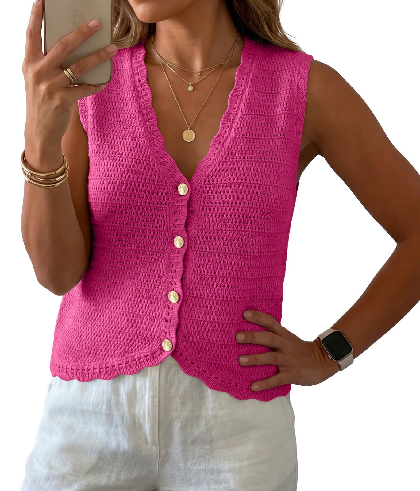 GRECERELLE Women's Summer Sleeveless V Neck Sweater Vest Knit Tank Top | Button Front Closure, Crochet Knit Design, Casual Style, Cropped Fit, Versatile Layering, for Office, Travel