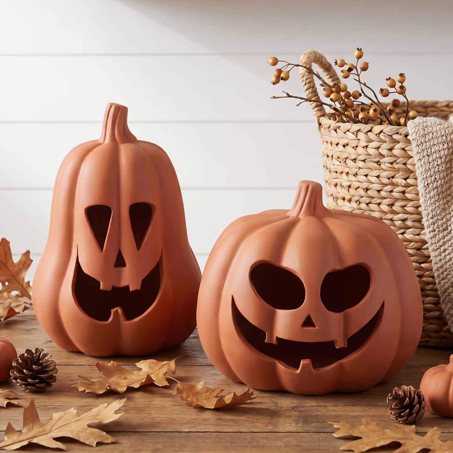 Tioncy 2 Pack Fall Decor Halloween Decorations Terracotta Pumpkin Decoration Handmade Clay Pumpkin Jack-o-Lantern Halloween Tealight Holder Rustic Farmhouse Fall Home Decor for Table(Orange)