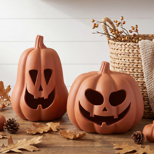 Tioncy 2 Pack Fall Decor Halloween Decorations Terracotta Pumpkin Decoration Handmade Clay Pumpkin Jack-O-Lantern Halloween Tealight Holder Rustic Farmhouse Fall Home Decor for Table(orange)