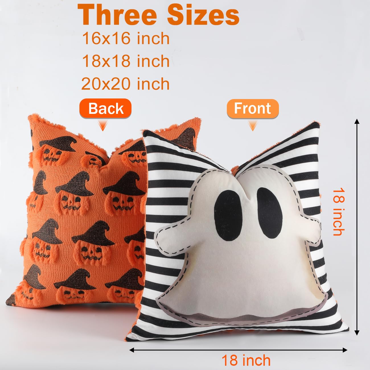 TOYPOPOR Halloween Decorations, 2 Packs Double Sided Ghost Pillow Covers, Soft Fur Throw Pillow Cases Indoor outdoor Pumpkin Couch Cushion Case for Fall Autumn Bedroom Living Room Home Decor 18''x18''