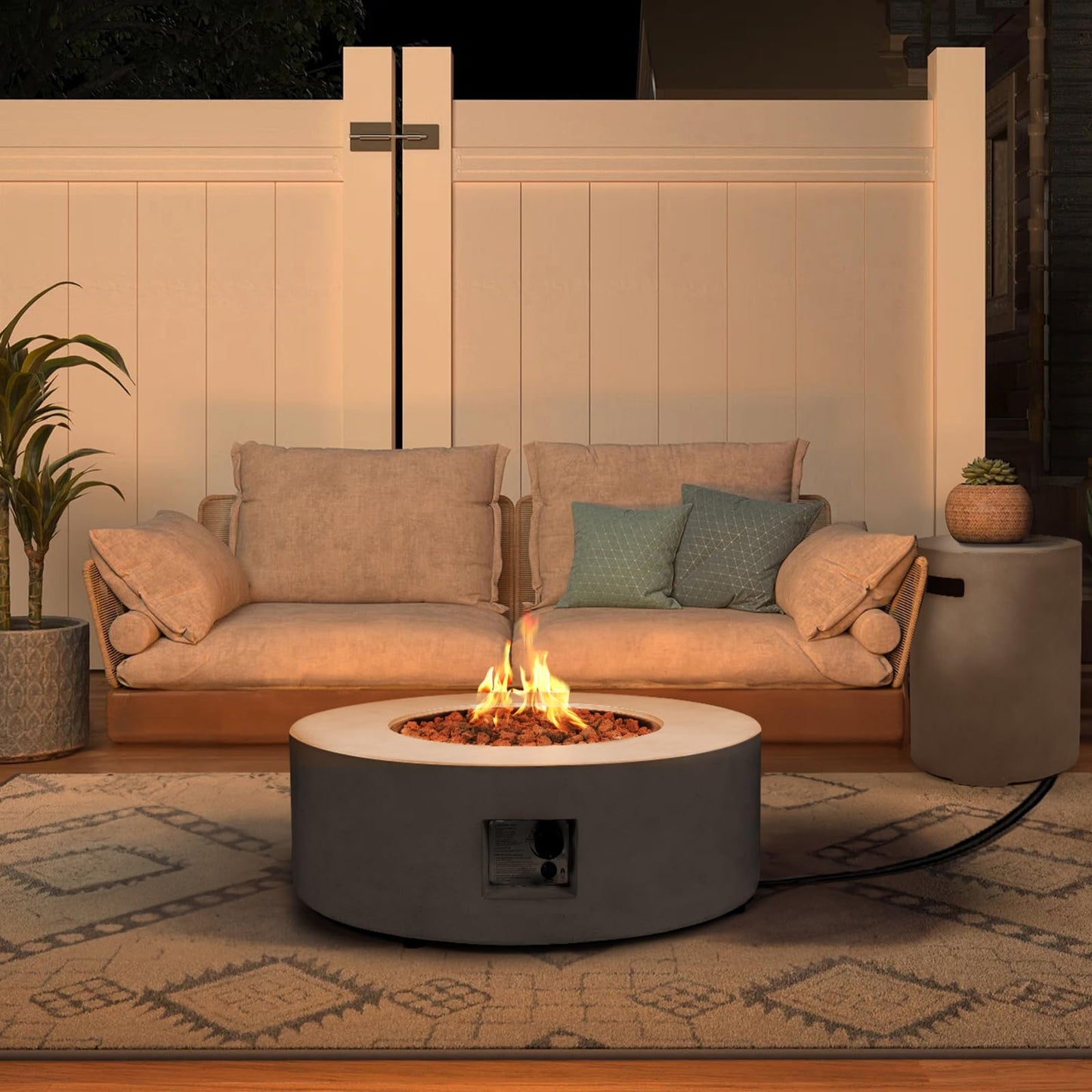 31.5 Inch Round Propane Fire Pit Table - Concrete Round Fire Bowl 50,000 BTU Natural Gas Firepit Burner with Steel Lid, Lava Rocks, Waterproof Cover for Outside Patio, Backyard, Party