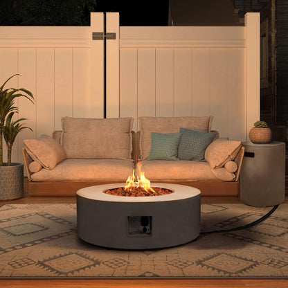31.5 Inch Round Propane Fire Pit Table - Concrete Round Fire Bowl 50,000 BTU Natural Gas Firepit Burner with Steel Lid, Lava Rocks, Waterproof Cover for Outside Patio, Backyard, Party