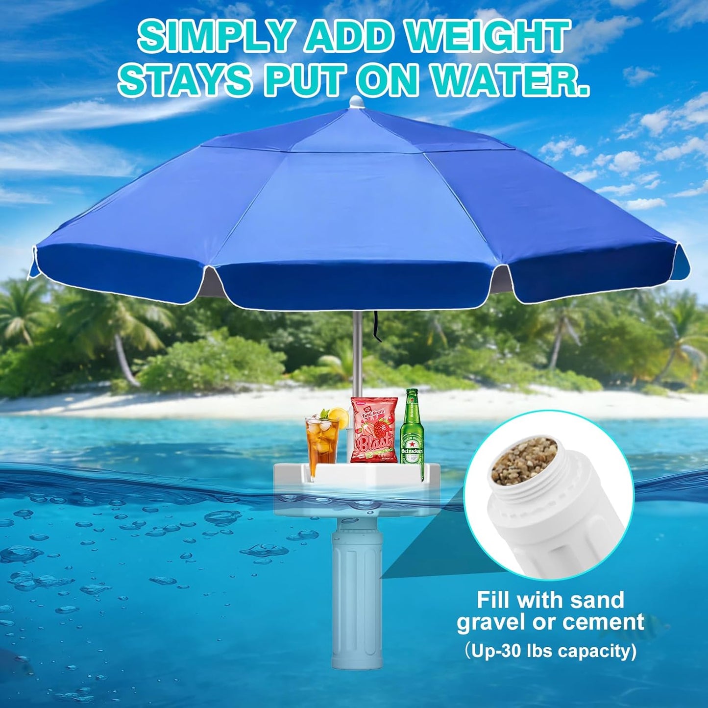 Floating Pool Umbrella - 7ft, Outdoor Floating Umbrella for Inside of Pool with Weighted Base, 4 Cupholders Floating Table with Sun Shade, No-Tools Setup for Pool, Lake & Beach