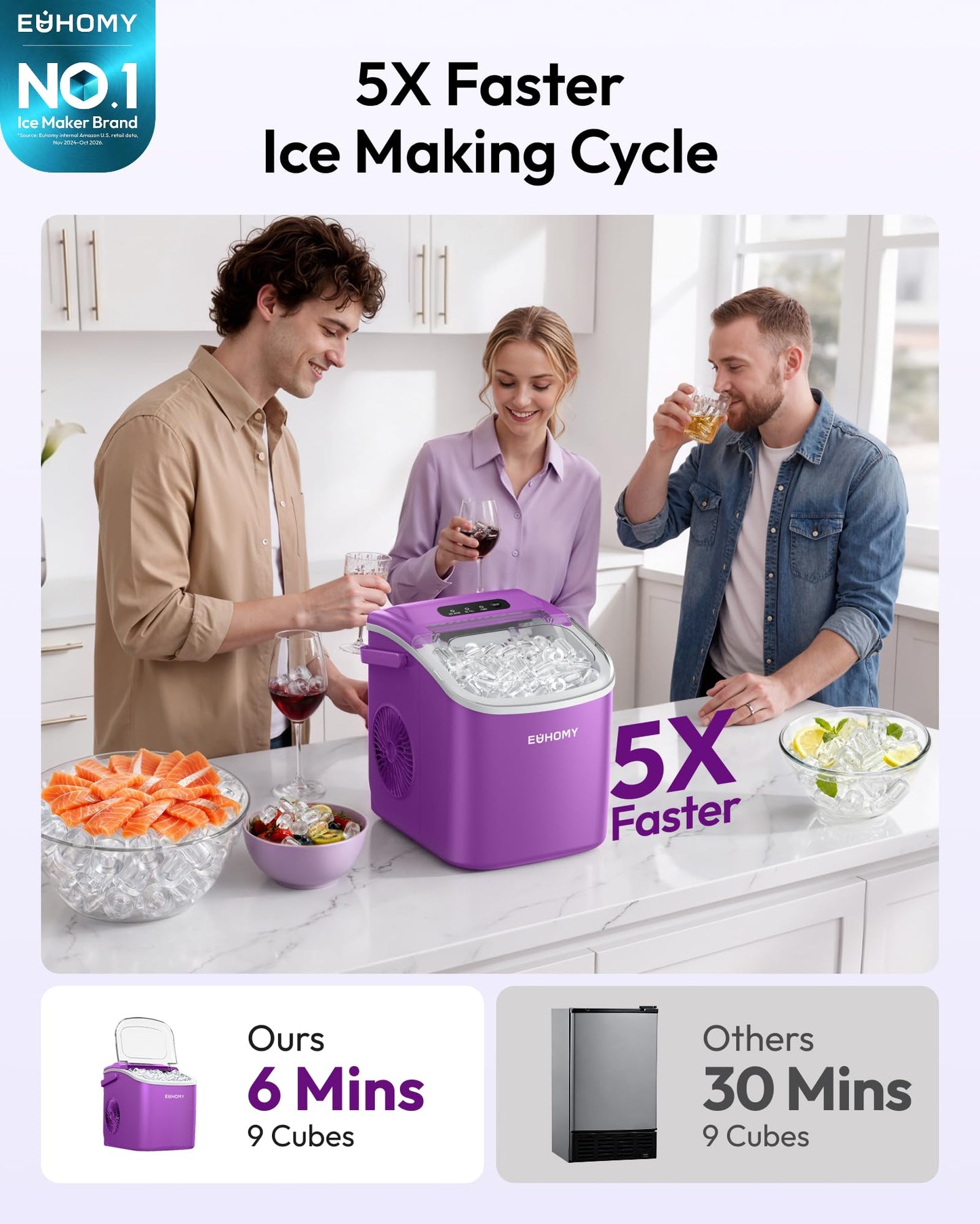 EUHOMY Countertop Ice Maker Machine with Handle, 26lbs in 24Hrs, 9 Ice Cubes Ready in 6 Mins, Auto-Cleaning Portable Ice Maker with Basket and Scoop, for Home/Kitchen/Camping/RV. (Black)