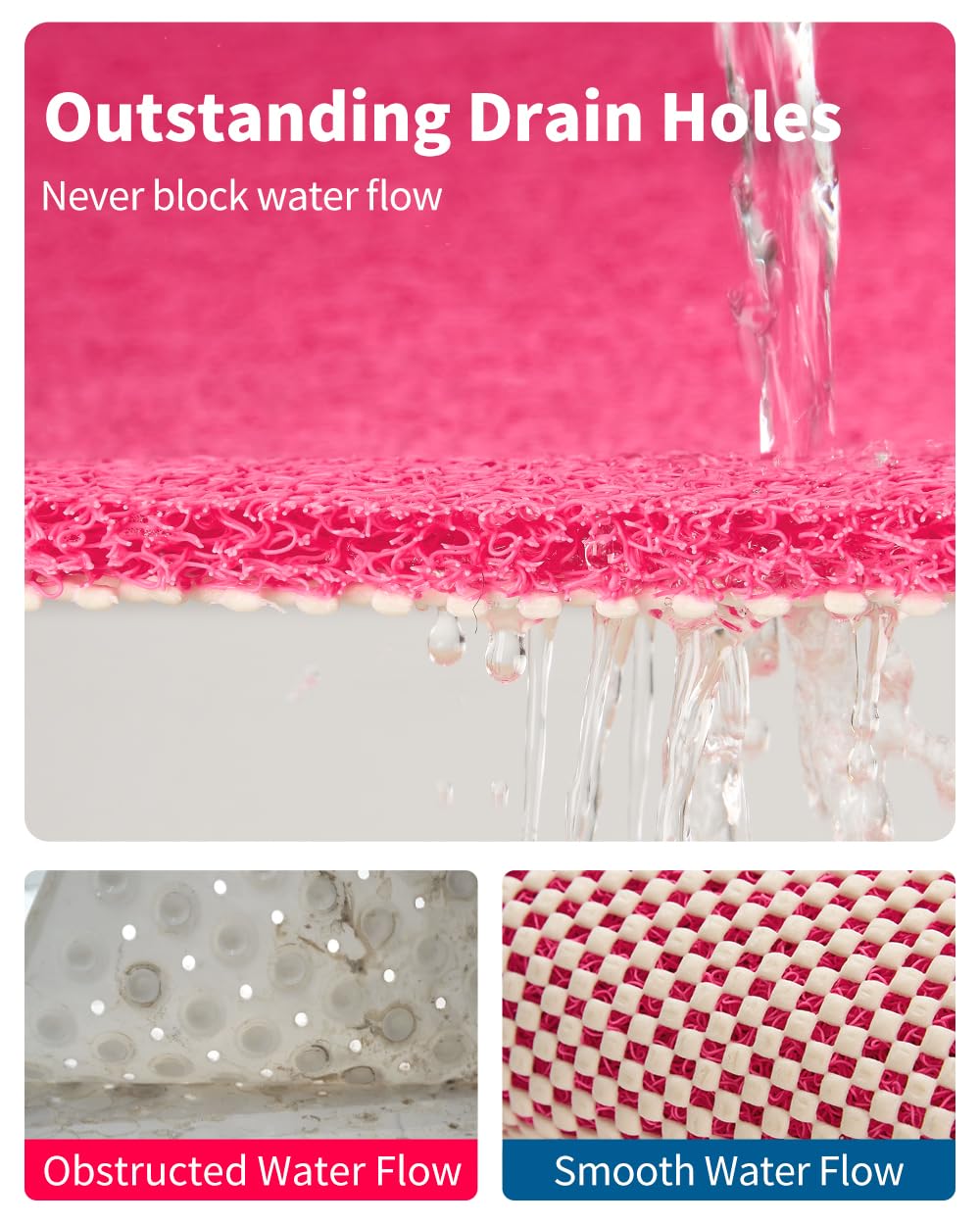 Non Slip Shower Mat, Comfortable Bath mat for Textured Surface,Quick Drying Easy Cleaning Shower Floor Mat for Wet Area,Without Suction Cups Pink 24 x 24