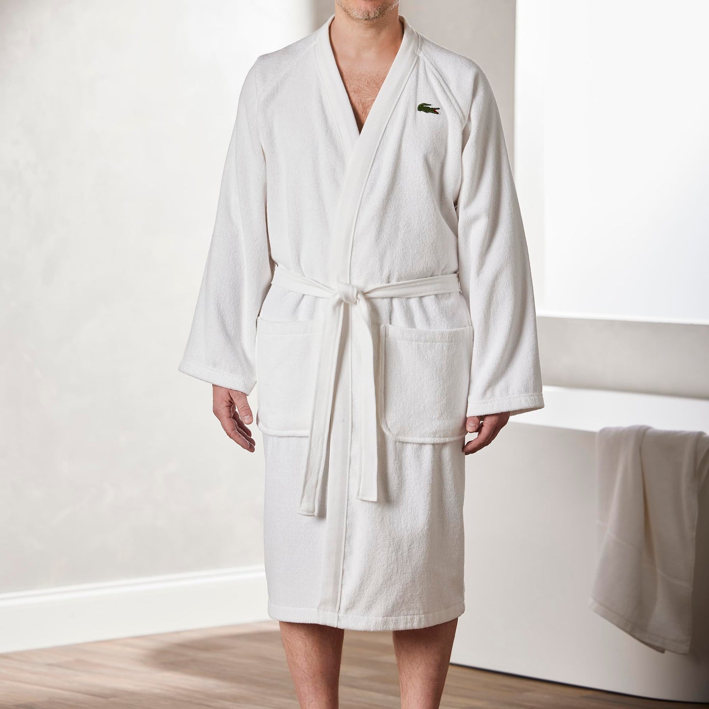 Lacoste Classic Pique Bath Robe, 100% Soft Cotton Terry, Unisex Adult Bathrobe, Absorbent & Quick Drying, One Size Fits Most