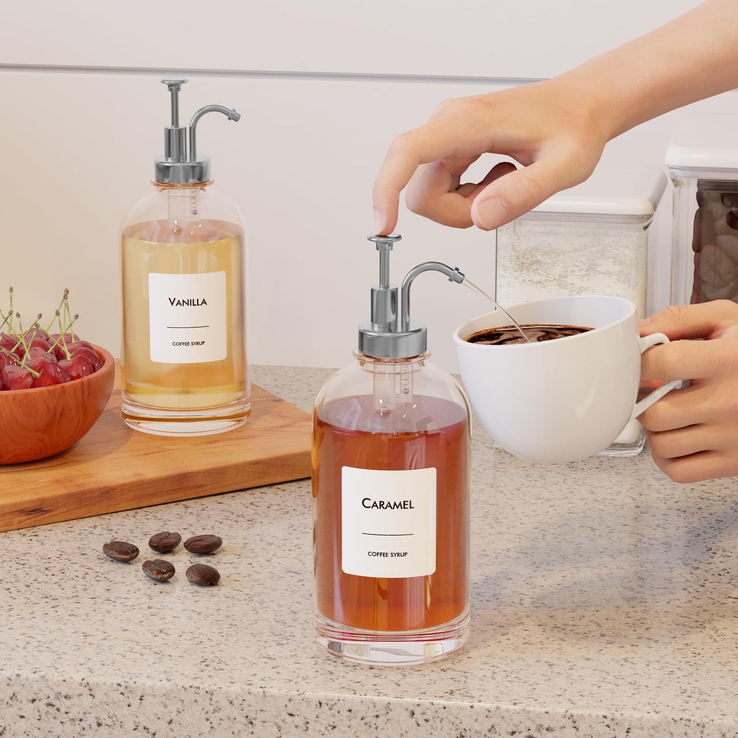 16.9 oz (500 ml) Coffee Syrup Dispenser Set- 4 Glass Bottles with Gold Pumper and Syrup Labels - Precise Dispensing and Stylish Addition to Coffee Shop, Cafe or Home Bar