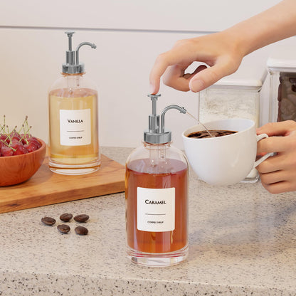 16.9 oz (500 ml) Coffee Syrup Dispenser Set- 4 Glass Bottles with Gold Pumper and Syrup Labels - Precise Dispensing and Stylish Addition to Coffee Shop, Cafe or Home Bar