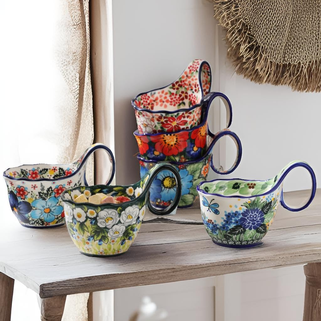 ALMA Handpainted Microwavable Soup Bowl with Loop Handle 18.6oz, Cereal Bowl With Handle Great for Berry, Fruits, Chili, Stew, Ice cream,Floral Soup Mug for Women