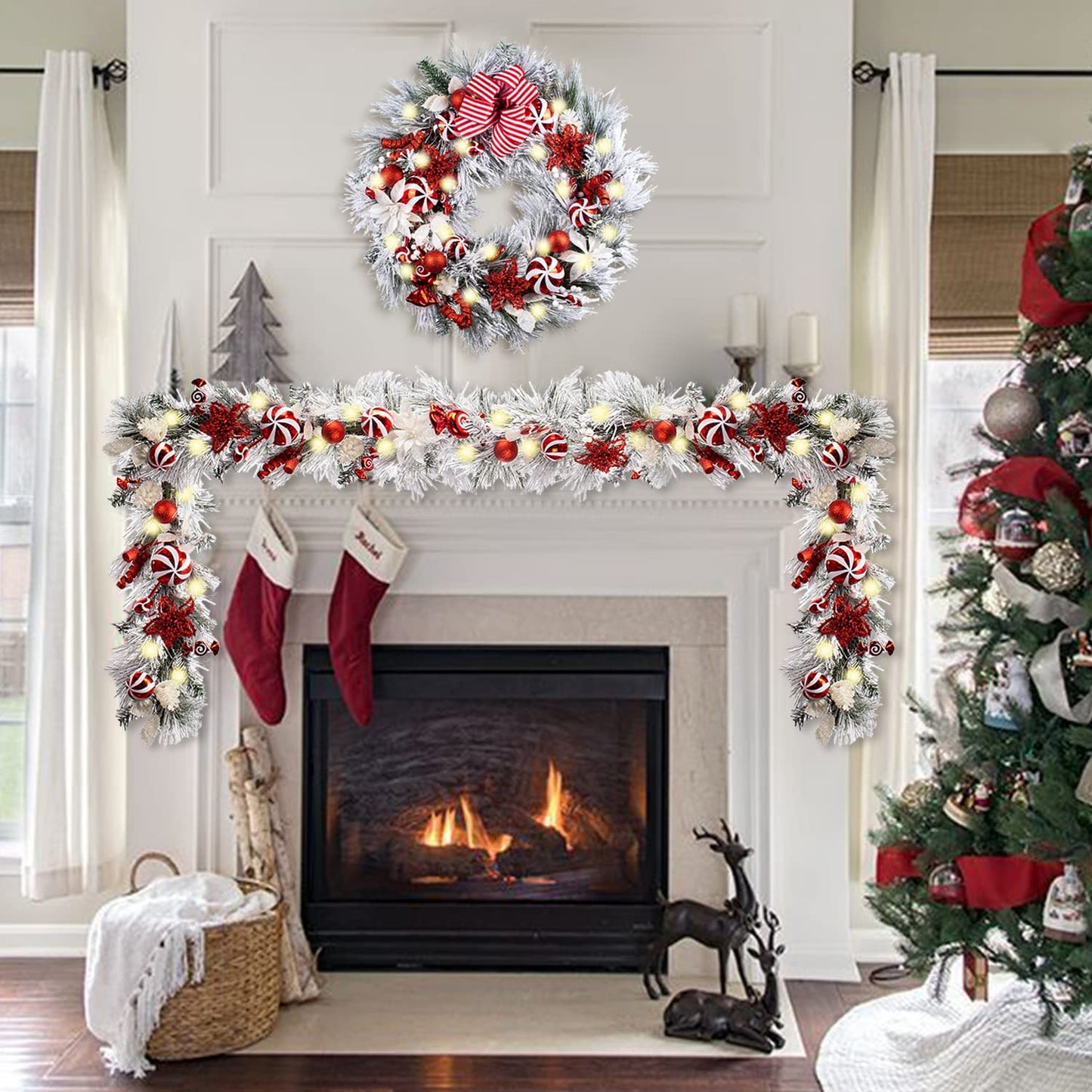 WANNA-CUL Pre-lit 9Feet /108 Inch Christmas Garland with Lights for Front Door, Red Gold Ligthed Christmas Mantel Garland Decoration with Ball Ornaments, Battery Operated 50 LED