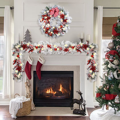 WANNA-CUL Pre-lit 9Feet /108 Inch Christmas Garland with Lights for Front Door, Red Gold Ligthed Christmas Mantel Garland Decoration with Ball Ornaments, Battery Operated 50 LED
