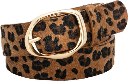 Leopard Print Leather Belt for Women, Gold Buckle, 1.46“