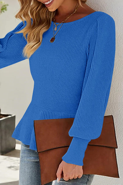 Womens Fall Puff Sleeve Peplum Casual Slim Fit Knit Pullover Sweater
