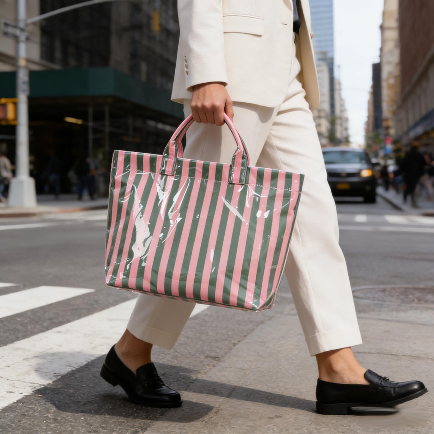 Striped PVC Tote Bag Large Glossy