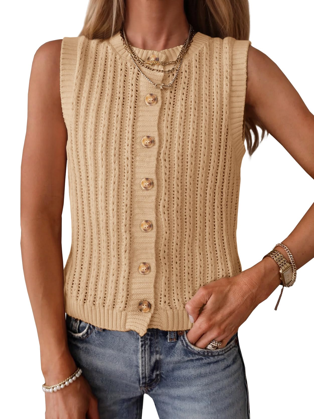 Saodimallsu Womens Sleeveless Sweater Vest Button Down Crochet Cardigan | Sweater Vest,Crochet,Summer Knit Tank Top,Sleeveless,Trendy Going Out Tops