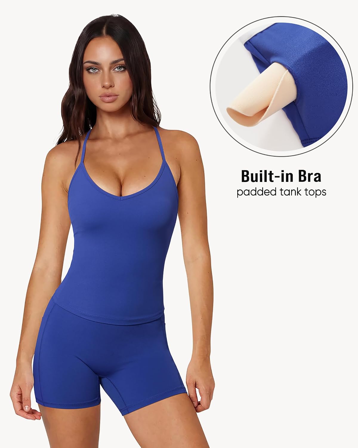 OMKAGI Racerback Workout Tops for Women Built in Bra Cute Open Back V Neck Longline Sports Bra Top